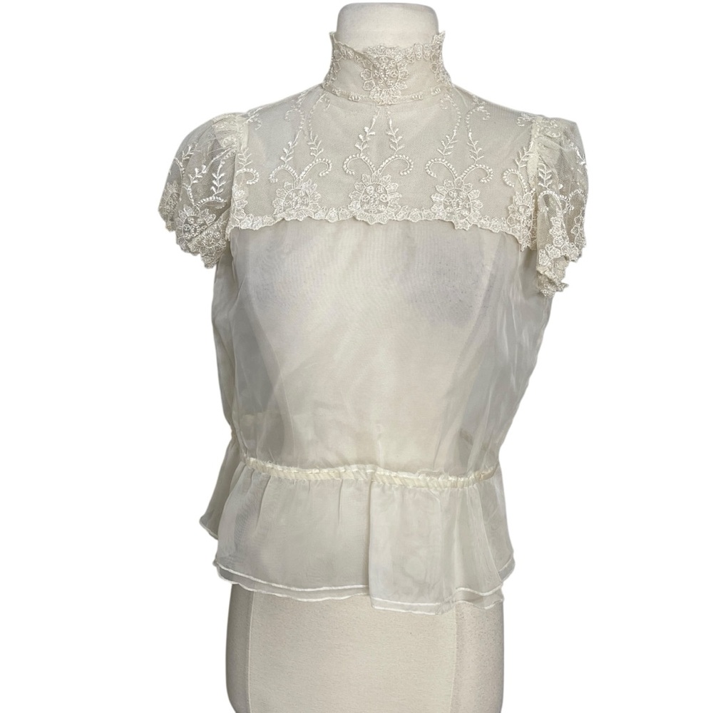 Vintage White‎ Chiffon Lace Top Small Euro Germany Bridal Coquette Cottagecore